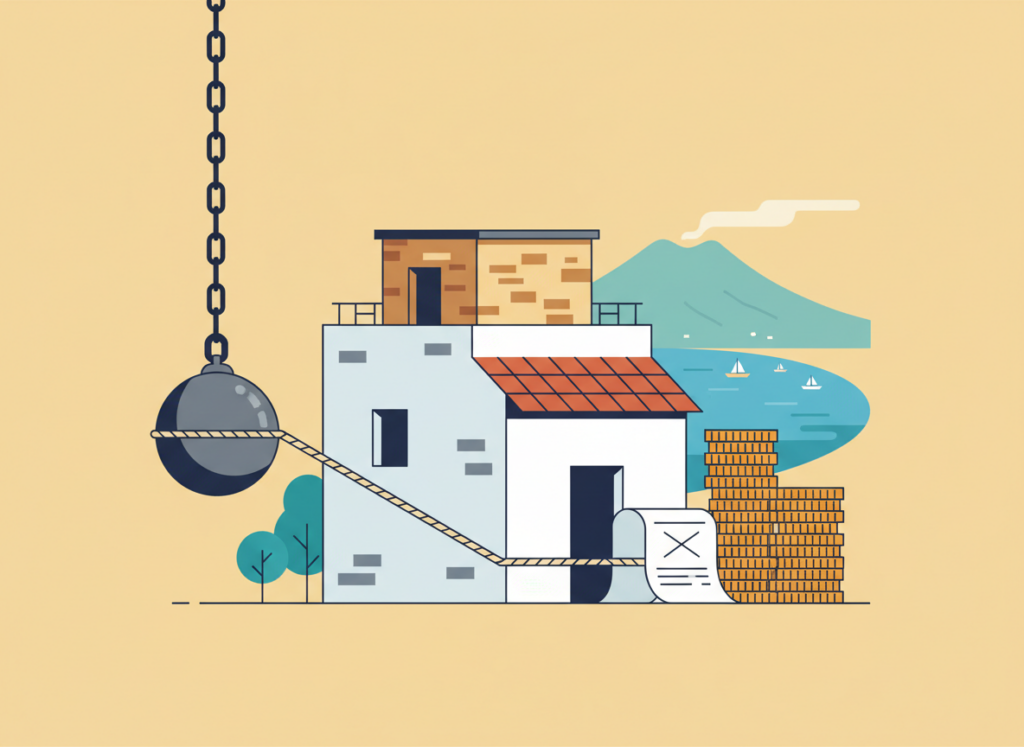 Illustrazione piatta di una casa con una stanza aggiunta sul tetto, una palla demolitrice trattenuta e una pila di monete: la fiscalizzazione degli abusi edilizi