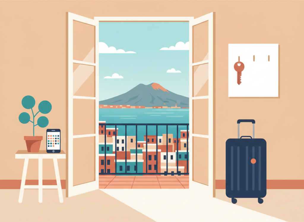 Illustrazione piatta di una casa vacanze con valigia, chiave appesa, smartphone con calendario e un balcone sul Golfo di Napoli con il Vesuvio: gli affitti brevi nel 2026
