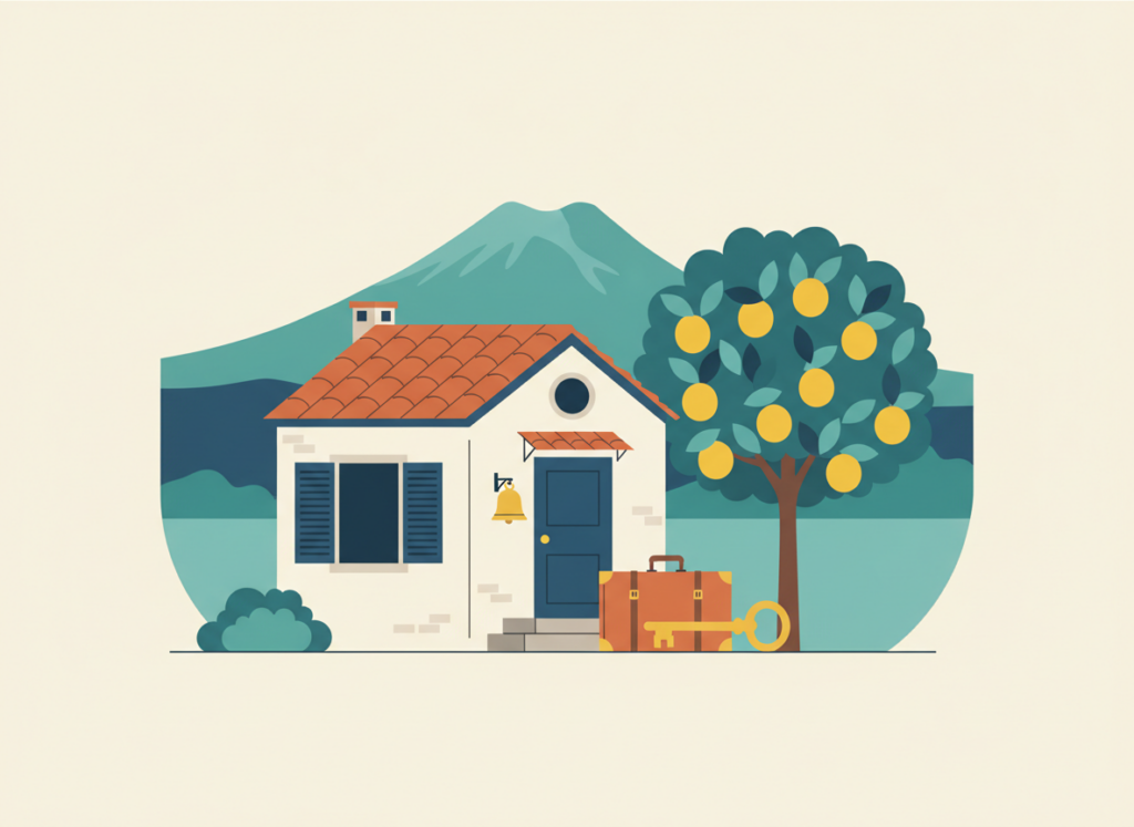 Illustrazione piatta di una piccola casa vacanze con valigia e chiave sulla soglia, a rappresentare affitti brevi e bed and breakfast
