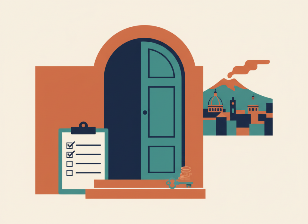 Illustrazione piatta di una casa con porta aperta, una lista di controllo spuntata, chiavi e monete, a rappresentare i requisiti dell'agevolazione prima casa