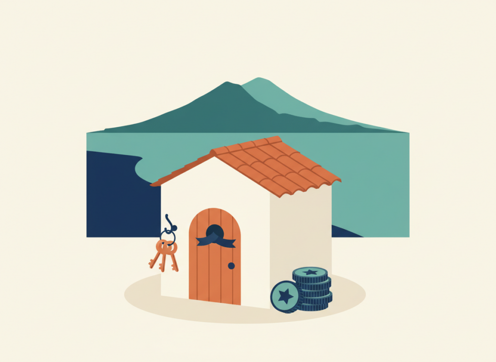 Illustrazione piatta di una casa con un fiocco sulla porta, chiavi e monete, a rappresentare le agevolazioni per l'acquisto della prima casa