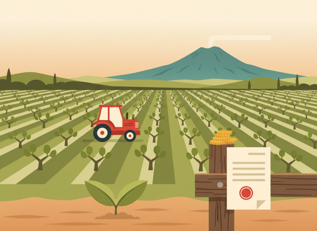 Illustrazione piatta di un trattore in un campo con giovani ulivi, un germoglio e monete, a rappresentare le agevolazioni per i giovani imprenditori agricoli