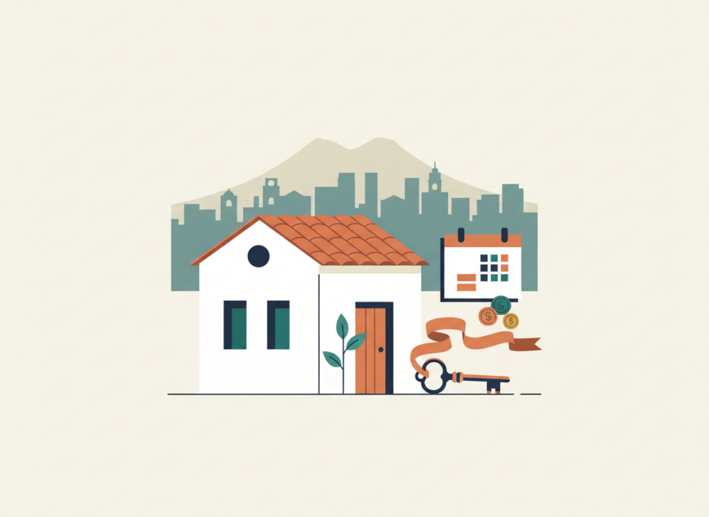 Illustrazione piatta di una casa con un germoglio accanto alla porta, chiavi, calendario e monete, a rappresentare le agevolazioni prima casa per i giovani under 36