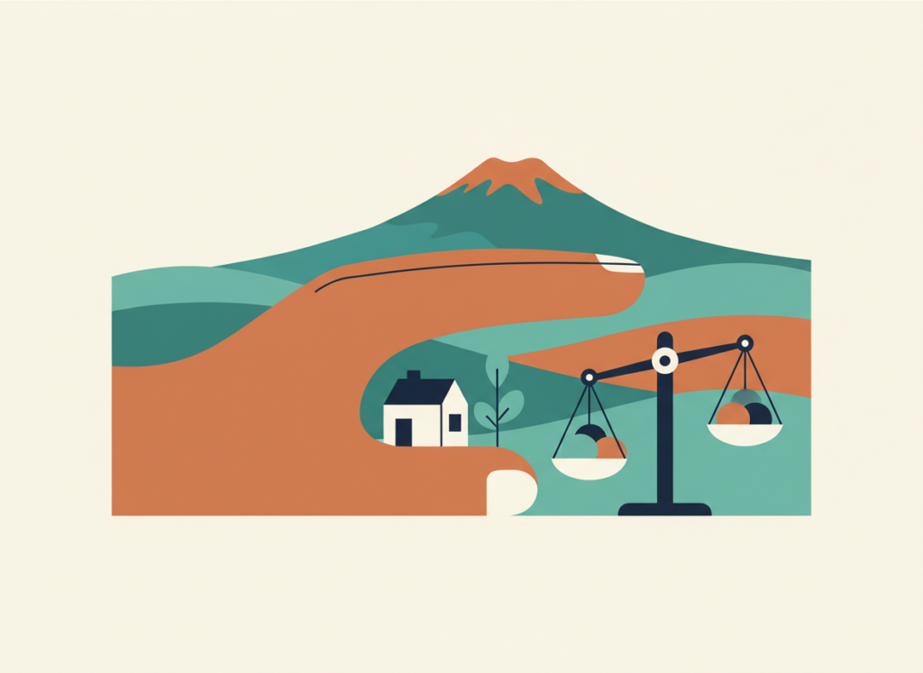 Illustrazione piatta di una mano che protegge una piccola casa e una piantina, con una bilancia e il Vesuvio sullo sfondo, a rappresentare le autorizzazioni per minori e amministrati