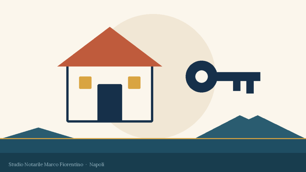 Illustrazione: una casa e una chiave, con il golfo di Napoli e il Vesuvio sullo sfondo — comprare e vendere casa