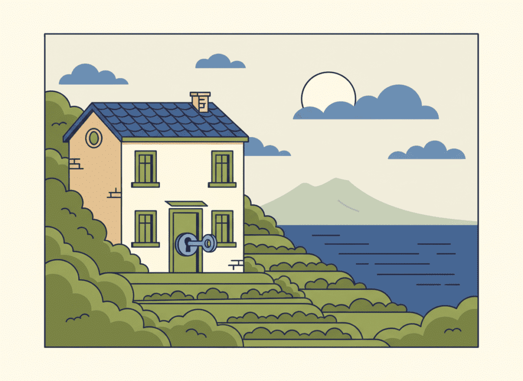 Illustrazione: villetta in collina con una chiave e un lucchetto che si apre