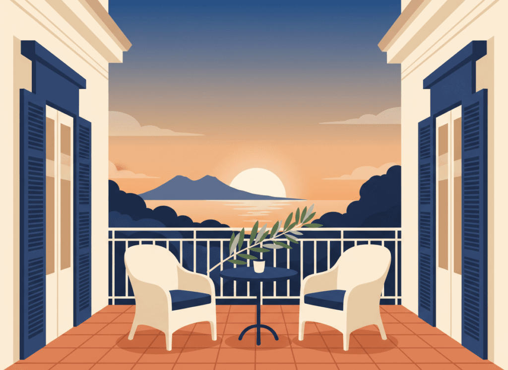 Illustrazione: balcone di un palazzo al tramonto con due sedie e un ramo d'ulivo