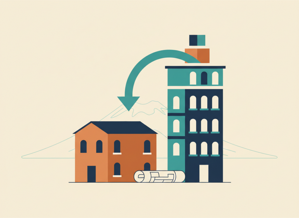 Illustrazione piatta di due edifici con una freccia che sposta blocchi di volume da uno all'altro, a rappresentare la cessione di cubatura