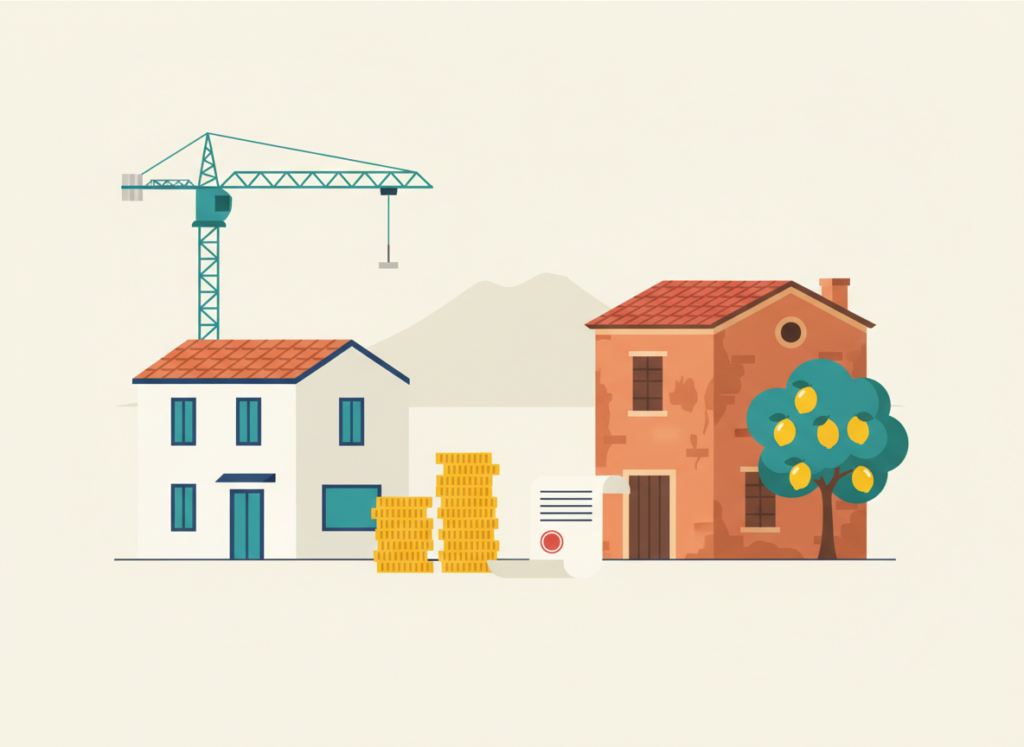 Illustrazione piatta di una casa nuova con gru e una casa più vecchia con limone, monete e documento tra le due, a rappresentare l'acquisto con IVA o da privato