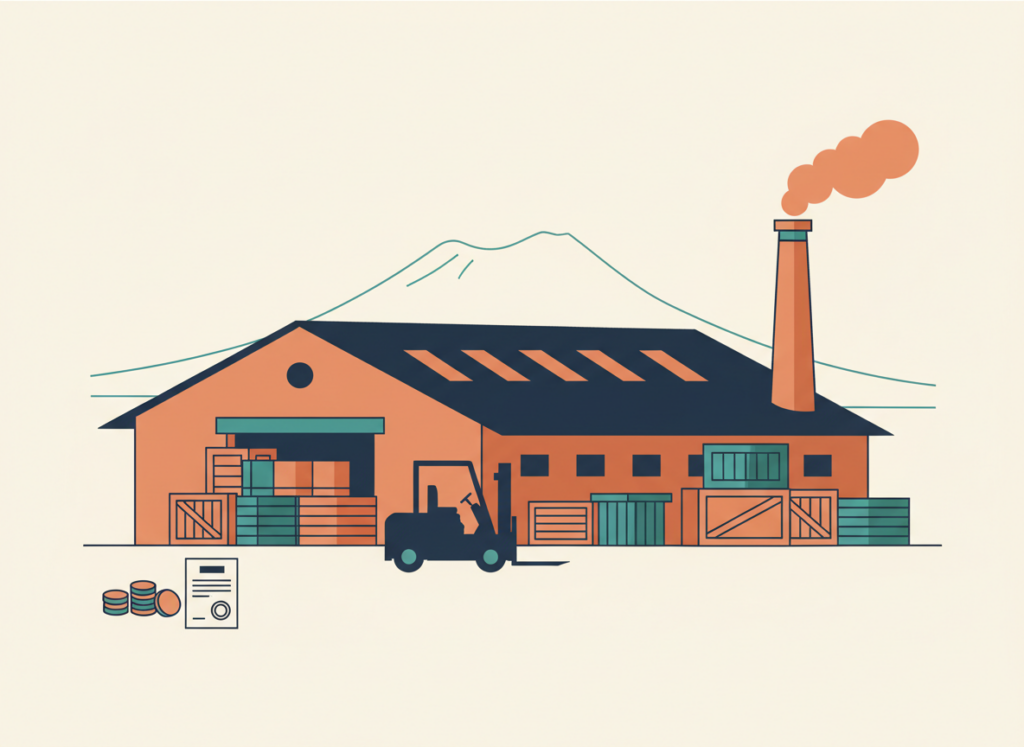 Illustrazione piatta di un capannone industriale con tetto a shed, casse e monete, a rappresentare l'acquisto di un opificio di categoria D