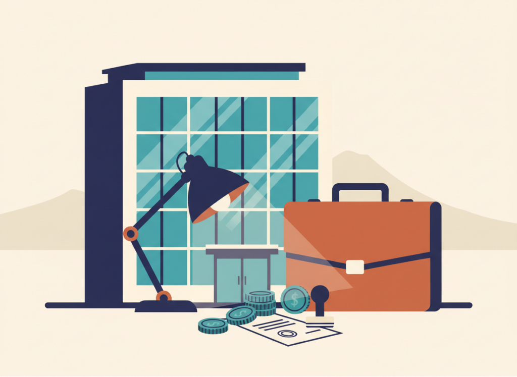 Illustrazione piatta di un palazzo per uffici con una valigetta, una lampada da scrivania e monete, a rappresentare l'acquisto di un ufficio o di uno studio
