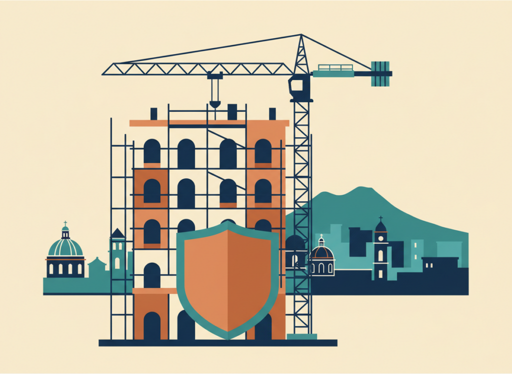 Illustrazione piatta di un palazzo in costruzione con gru e impalcature protetto da uno scudo, a rappresentare le tutele per chi compra una casa da costruire