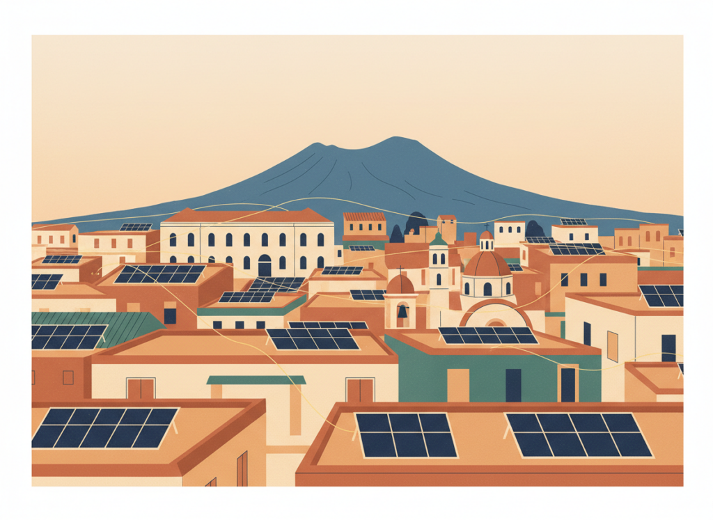 Tetti di un quartiere di Napoli con pannelli solari collegati fra loro da linee luminose, il Vesuvio sullo sfondo