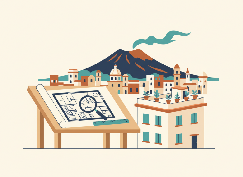 Illustrazione piatta di una planimetria e di una casa napoletana con il Vesuvio sullo sfondo, a simboleggiare i controlli catastali e urbanistici del notaio