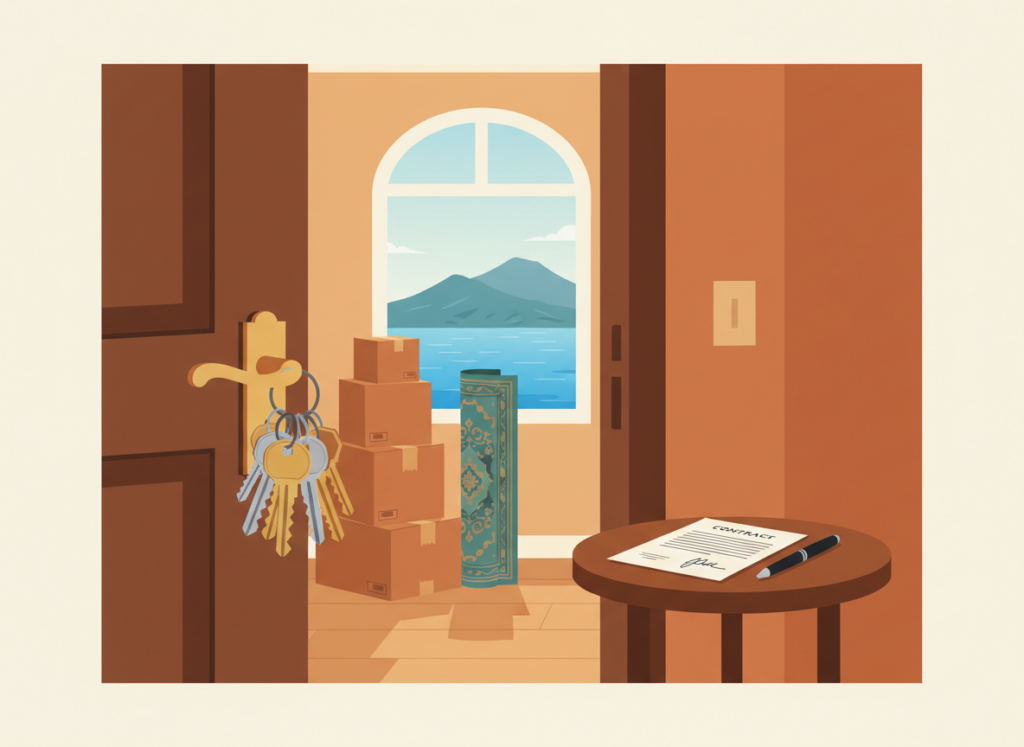 Illustrazione piatta di chiavi appese a una porta aperta, scatoloni del trasloco e un contratto firmato, con il Golfo di Napoli dalla finestra: la consegna anticipata della casa prima del rogito