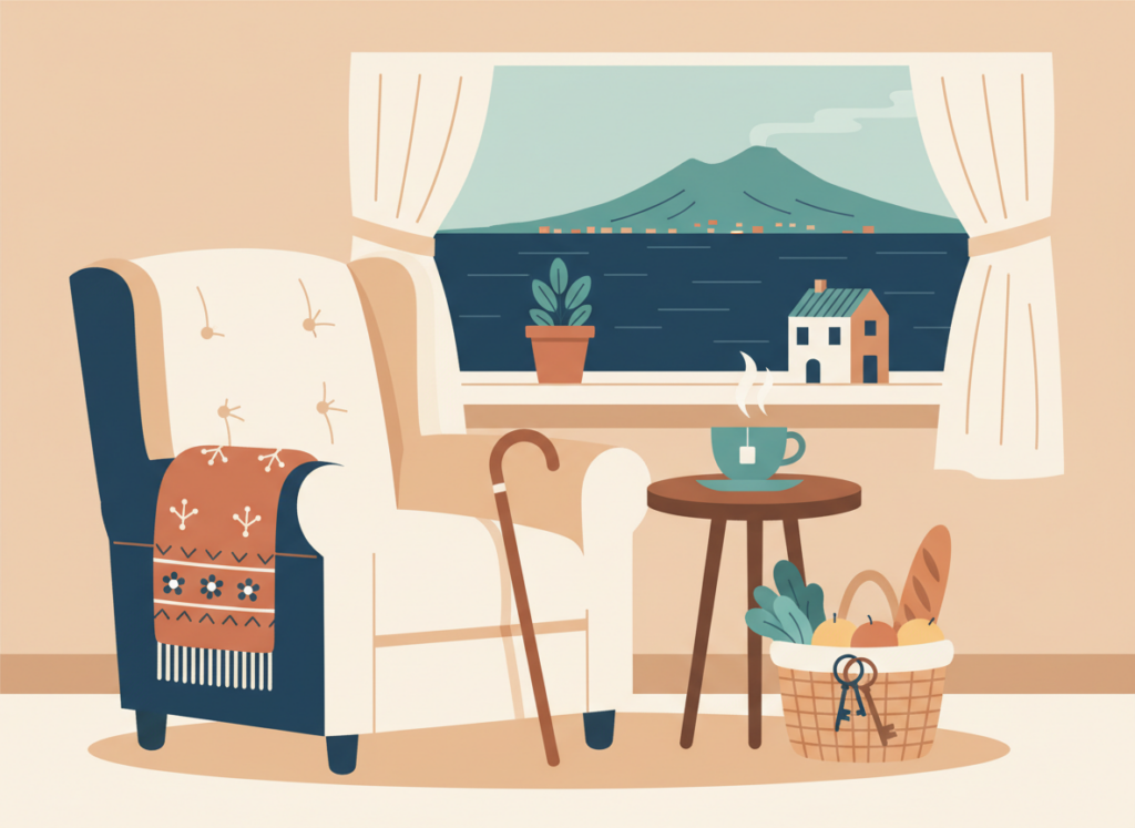 Illustrazione piatta di una poltrona con coperta e tazza davanti a una finestra sul Golfo di Napoli, un bastone, una piccola casa e un cesto della spesa: il contratto di mantenimento
