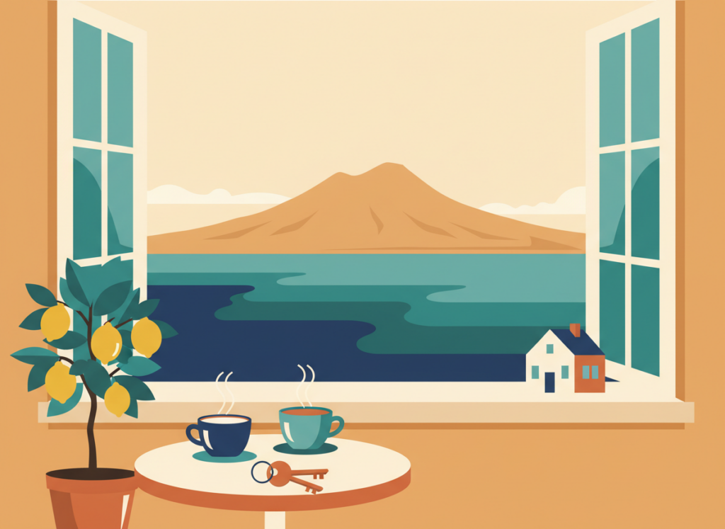 Illustrazione piatta di due tazze su un tavolo davanti a una finestra con vista sul Golfo di Napoli, due chiavi e una piccola casa, a rappresentare la convivenza