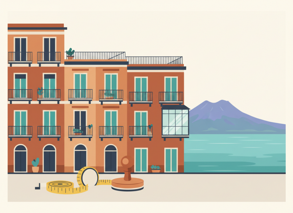 Illustrazione piatta di palazzi napoletani con balconi e una veranda, metro e timbro in primo piano, Vesuvio sullo sfondo: il decreto Salva Casa