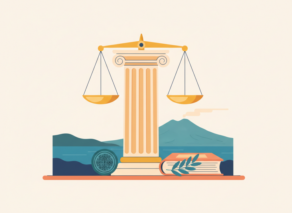Illustrazione piatta di una colonna con una bilancia, un sigillo e un libro, a rappresentare deontologia e correttezza del notaio