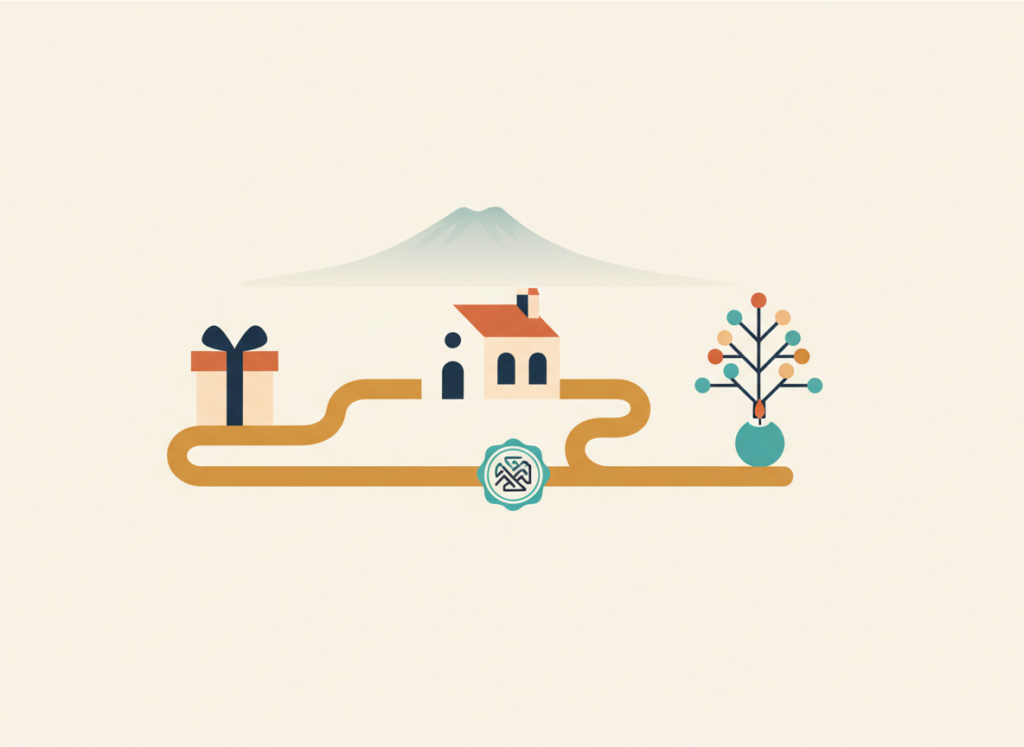 Illustrazione piatta di due sentieri da una casa, uno verso un pacco regalo e uno verso un albero genealogico con una candela, a rappresentare la differenza tra successione e donazione