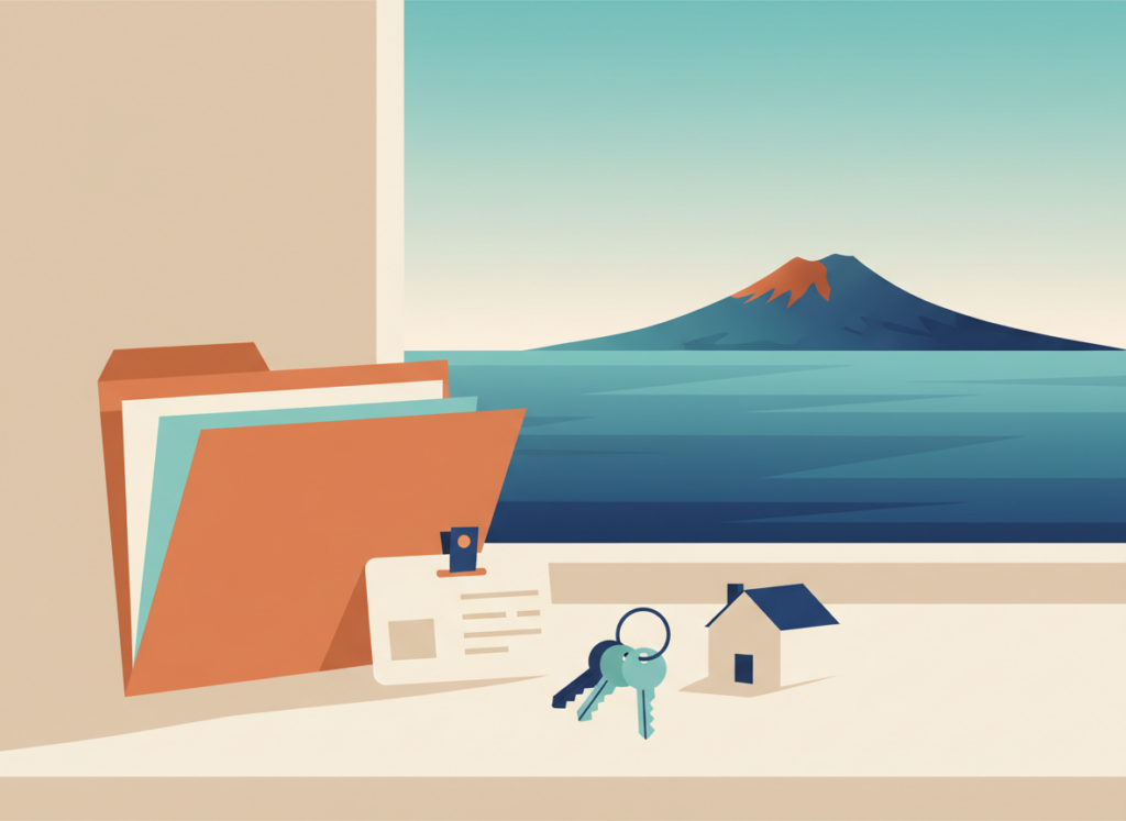 Illustrazione piatta di una cartella con documenti, una tessera, chiavi e una piccola casa su una scrivania, a rappresentare i documenti da portare dal notaio