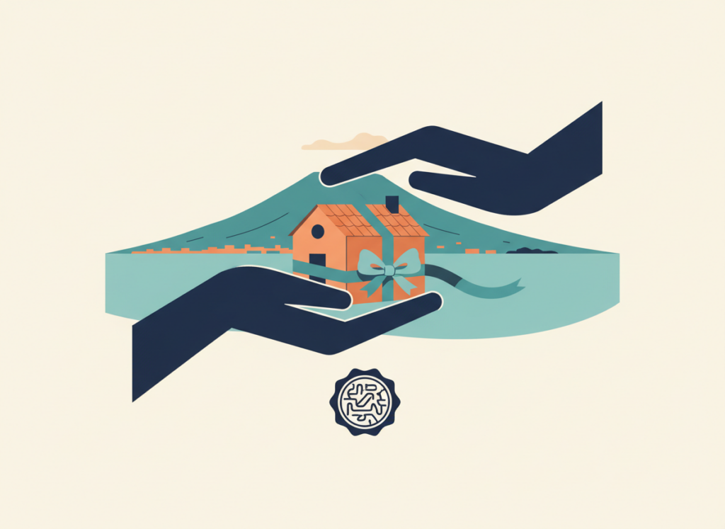 Illustrazione piatta di una casa con un fiocco offerta da una mano a un'altra, con un sigillo, a rappresentare la donazione di un immobile