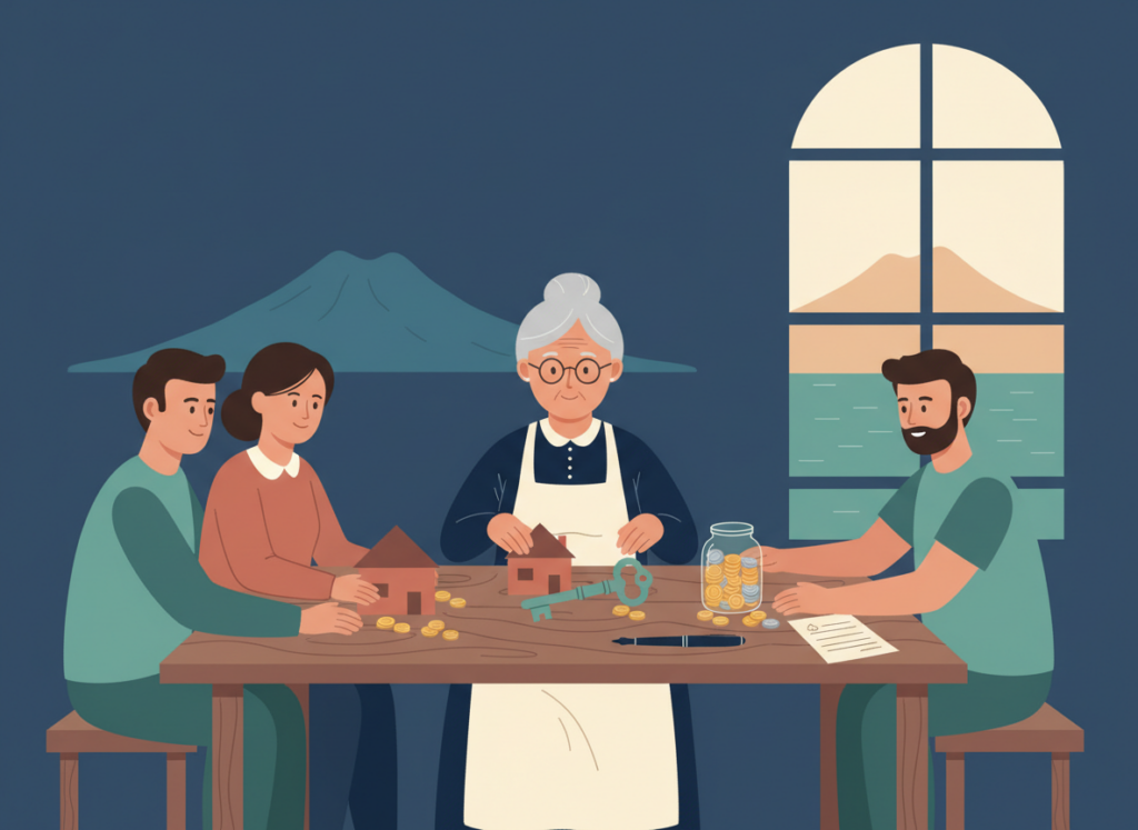 Illustrazione: una madre napoletana divide tra i tre figli una casa, un negozio e i risparmi, con un documento notarile sul tavolo