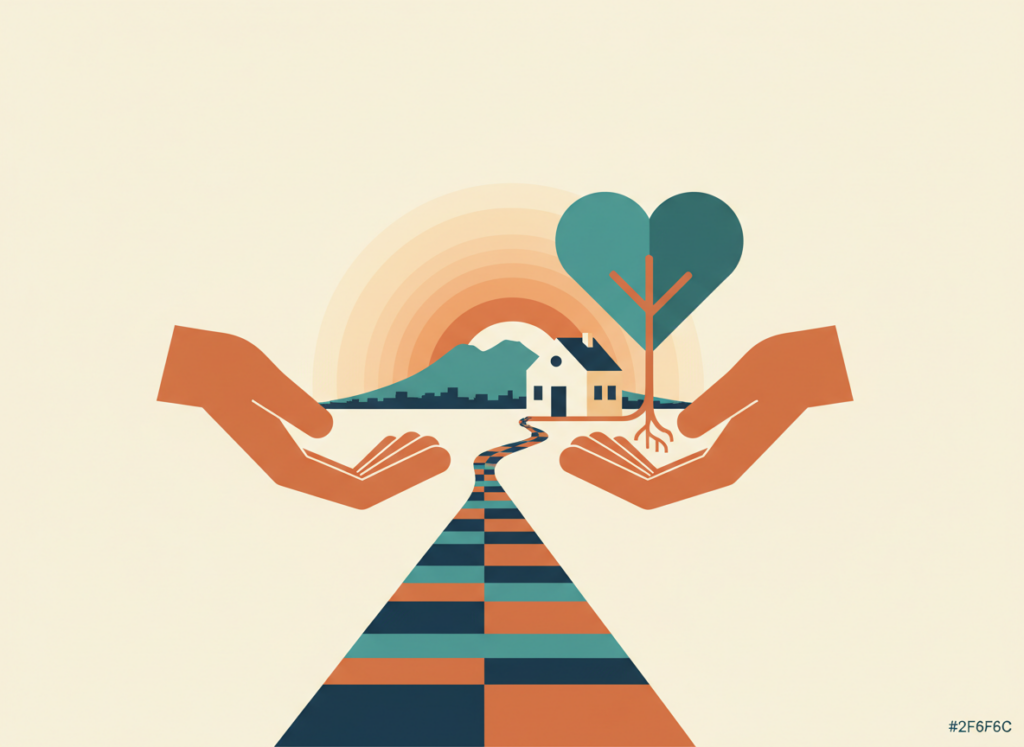 Illustrazione piatta di due mani che custodiscono una casa con un albero a forma di cuore e un sentiero verso l'orizzonte, a rappresentare il Dopo di noi