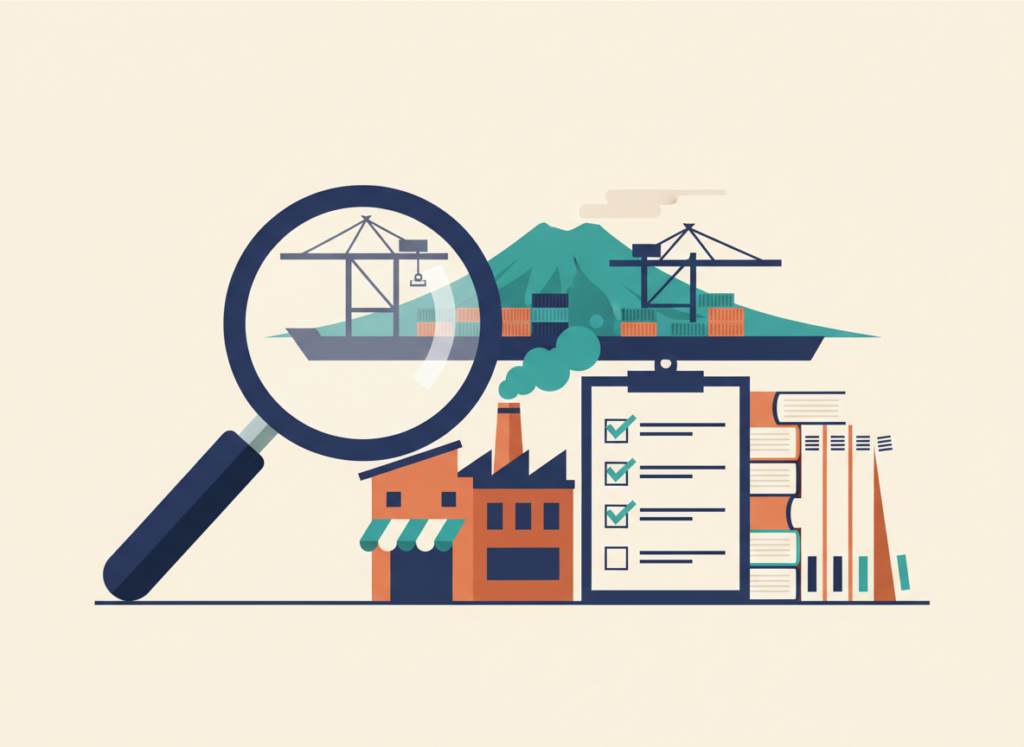 Illustrazione piatta di una lente d'ingrandimento su un piccolo capannone con negozio, faldoni e una lavagna con spunte, con il porto di Napoli e il Vesuvio: la due diligence prima di comprare un'azienda