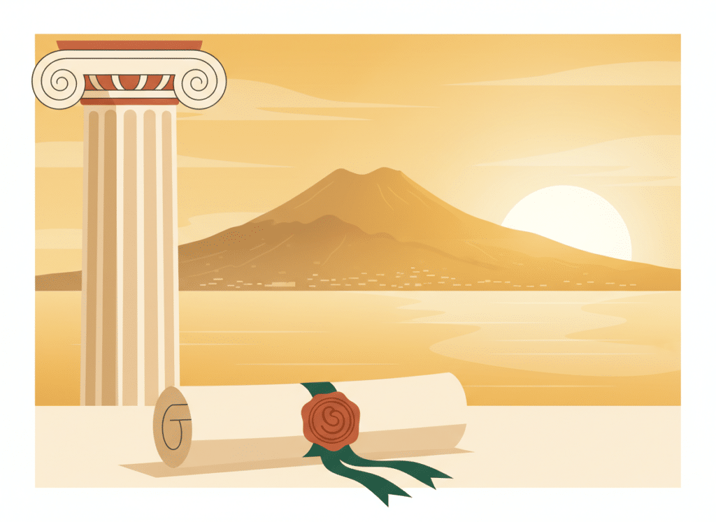 Illustrazione del Golfo di Napoli con documento notarile e sigillo - Studio Notarile Fiorentino