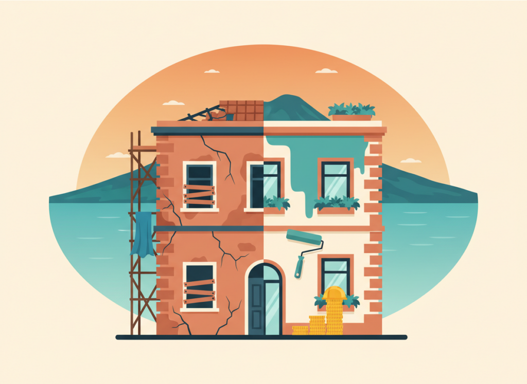 Illustrazione piatta di un palazzo napoletano metà vecchio con ponteggi e metà ristrutturato, con rullo, casco e una freccia di monete, e il Golfo di Napoli: il flipping immobiliare
