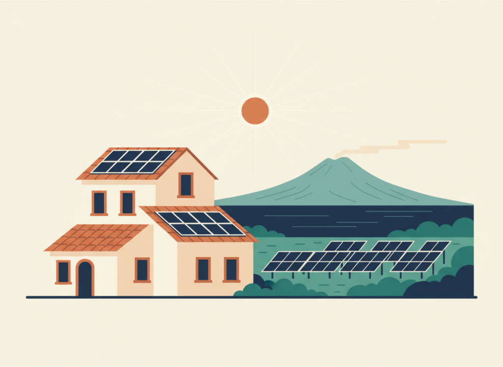 Illustrazione piatta di una casa mediterranea con pannelli solari sul tetto e un impianto fotovoltaico a terra, con il Golfo di Napoli e il Vesuvio sullo sfondo