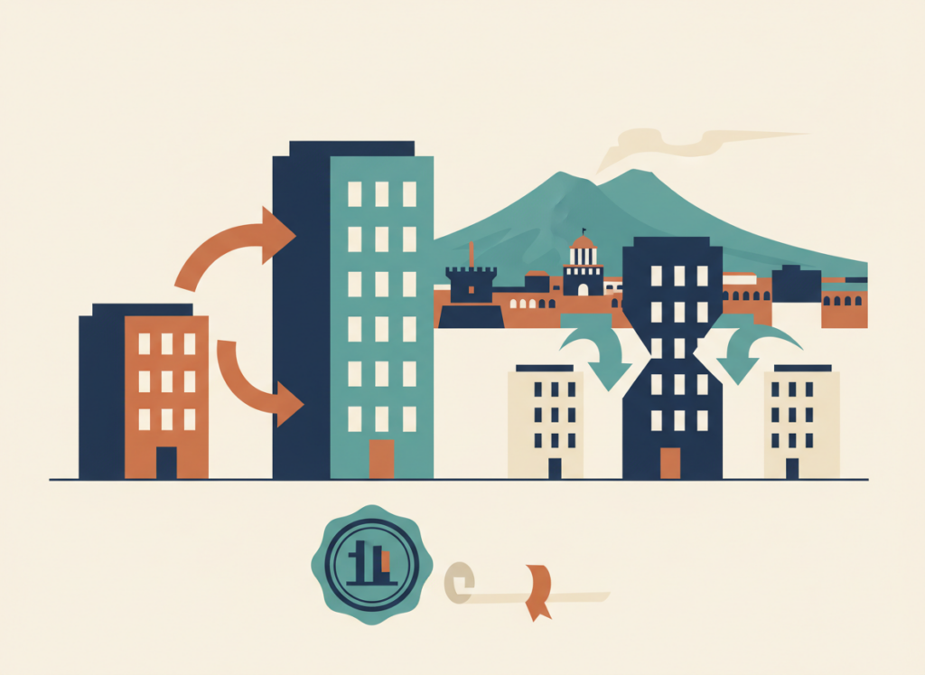 Illustrazione piatta di due edifici che si uniscono in uno e di un edificio che si divide in due, con un sigillo notarile e lo skyline di Napoli: fusione e scissione di società