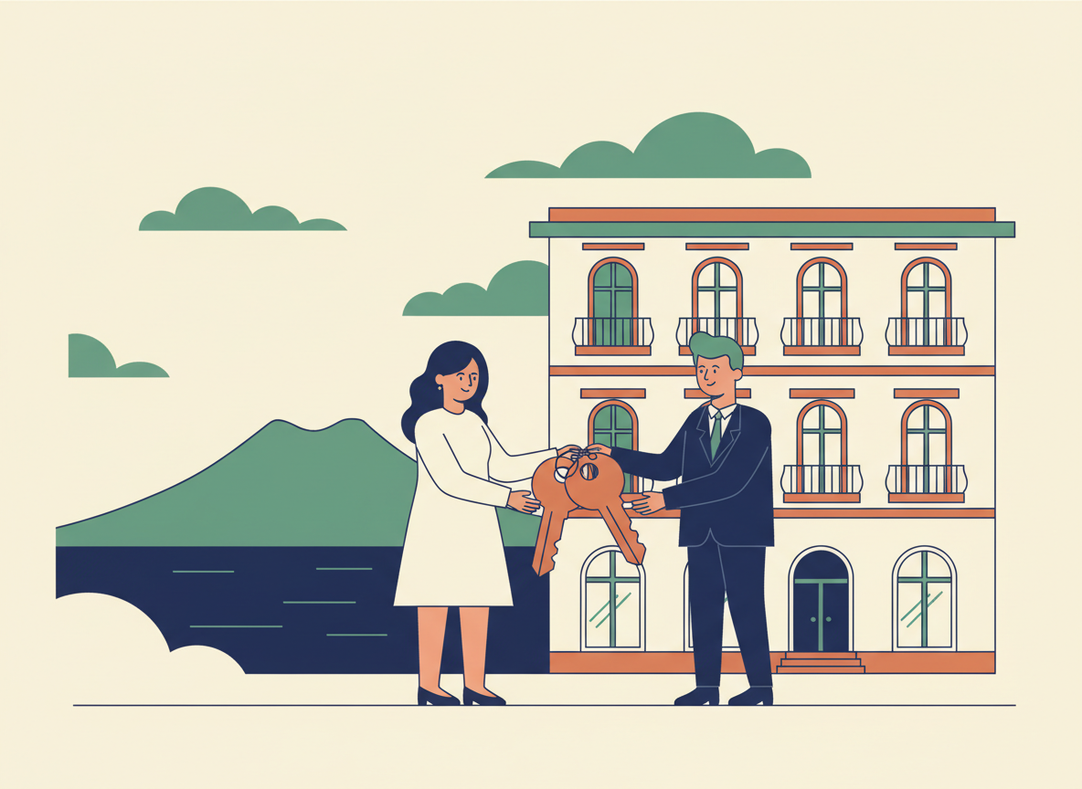 Illustrazione: una coppia riceve le chiavi di casa davanti a un palazzo napoletano, con il Vesuvio sullo sfondo