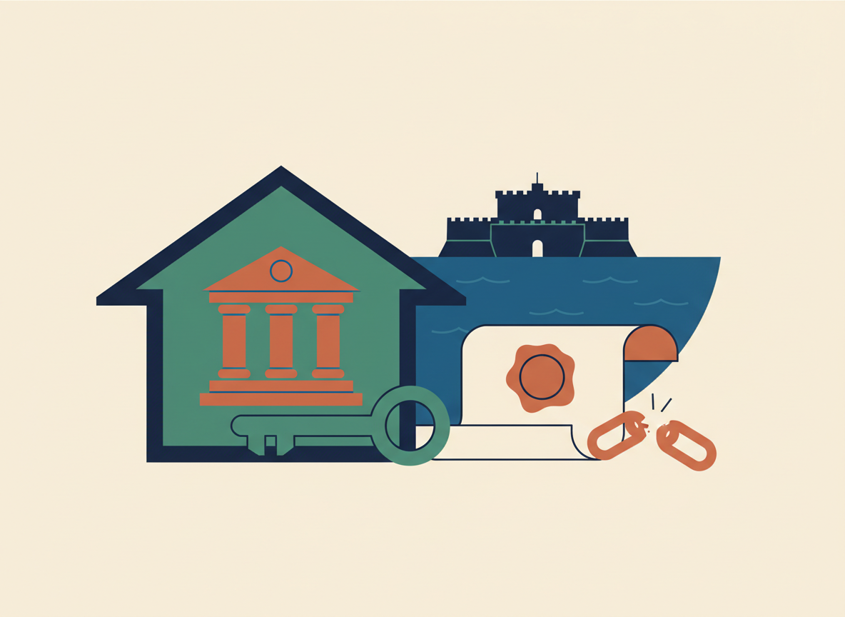 Illustrazione: una casa, una banca, una chiave e una catena spezzata per il mutuo estinto, con Castel dell'Ovo sullo sfondo