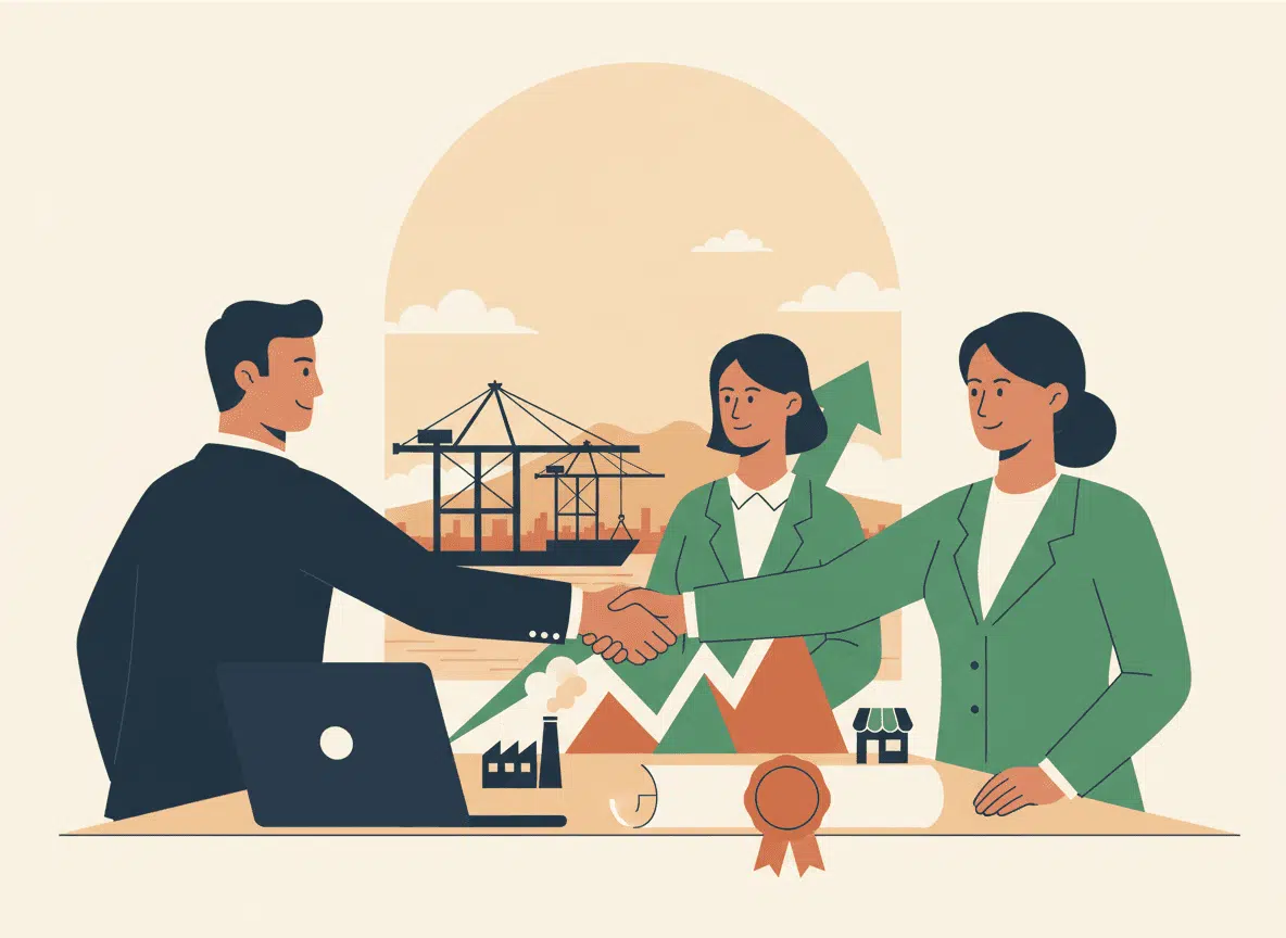 Illustrazione: tre soci si stringono la mano davanti a un atto societario, con il porto di Napoli e il Vesuvio dalla finestra