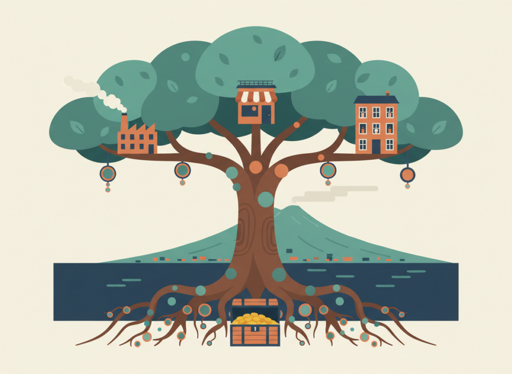 Illustrazione piatta di un grande albero che regge tra i rami una fabbrica, un negozio e una casa, con radici a forma di albero genealogico e il Golfo di Napoli sullo sfondo: la holding familiare