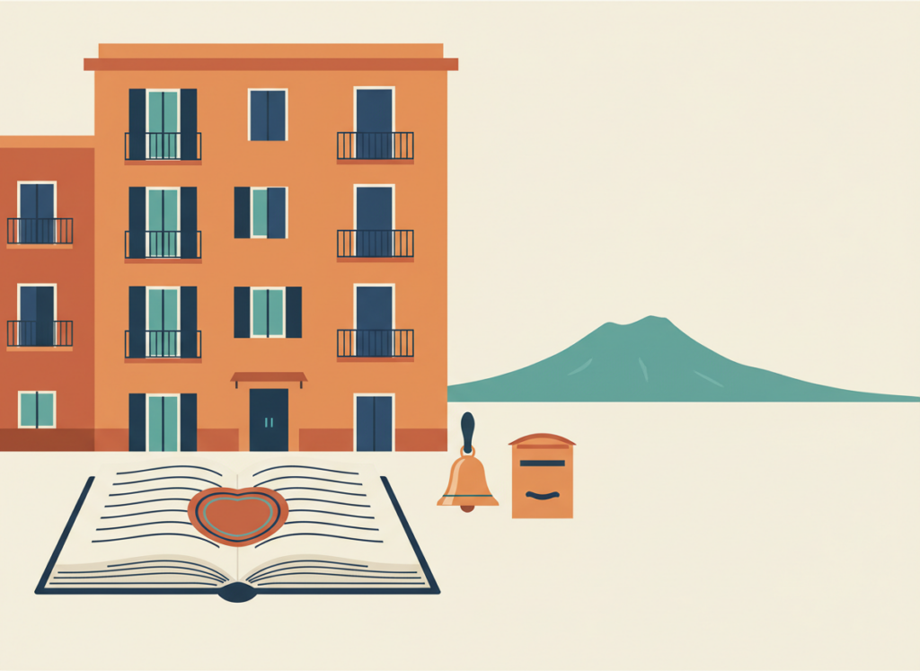 Illustrazione piatta di un palazzo con balconi e un libro di regole aperto con sigillo, a rappresentare il regolamento di condominio