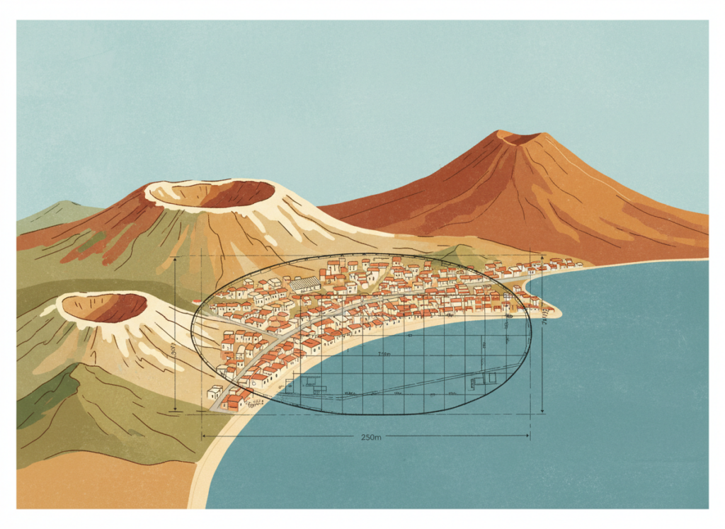 Illustrazione del golfo di Napoli con il Vesuvio e i Campi Flegrei e un disegno tecnico sovrapposto alle case