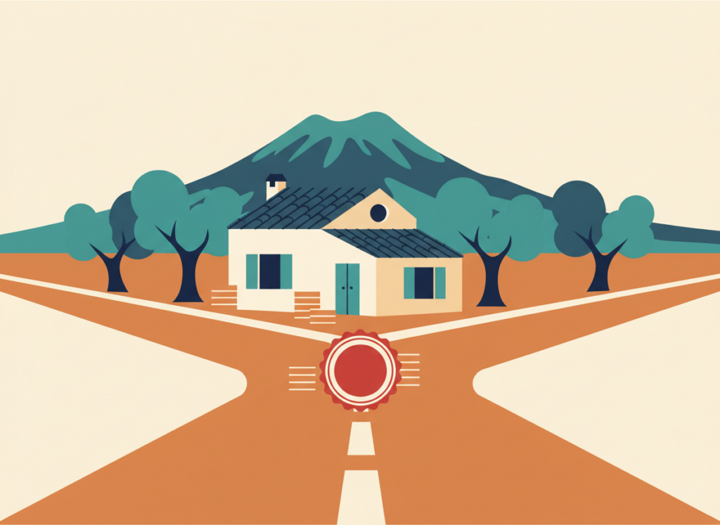 Illustrazione piatta di un bivio davanti a una casa con un timbro e monete, a rappresentare le scelte che cambiano l'imposta di registro