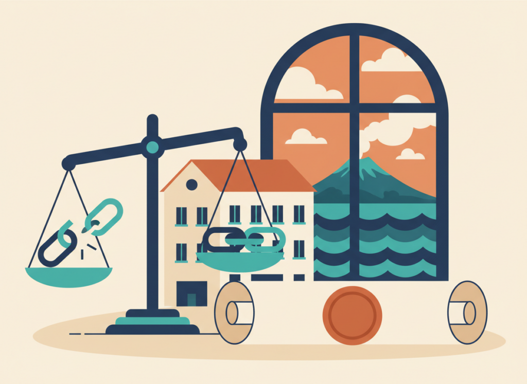 Illustrazione piatta di un atto notarile con sigillo, una bilancia e un palazzo, con il Golfo di Napoli dalla finestra: le menzioni urbanistiche nell'atto