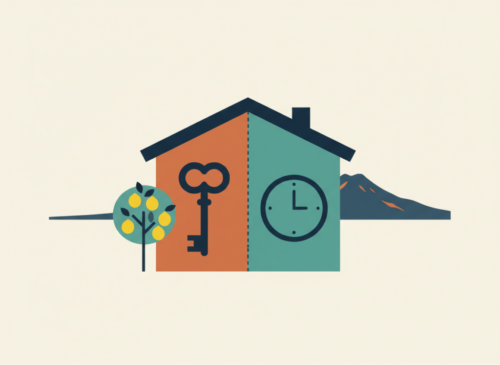 Illustrazione piatta di una casa divisa in due metà, una con una chiave e una con un orologio, a rappresentare nuda proprietà e usufrutto