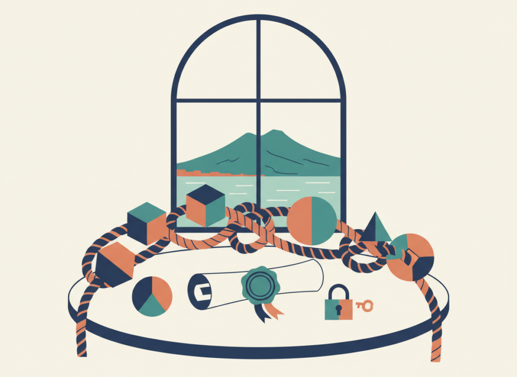 Illustrazione piatta di una corda con nodi che lega figure geometriche intorno a un tavolo, un accordo con sigillo e un lucchetto, con il Golfo di Napoli dalla finestra: patti parasociali e clausole statutarie