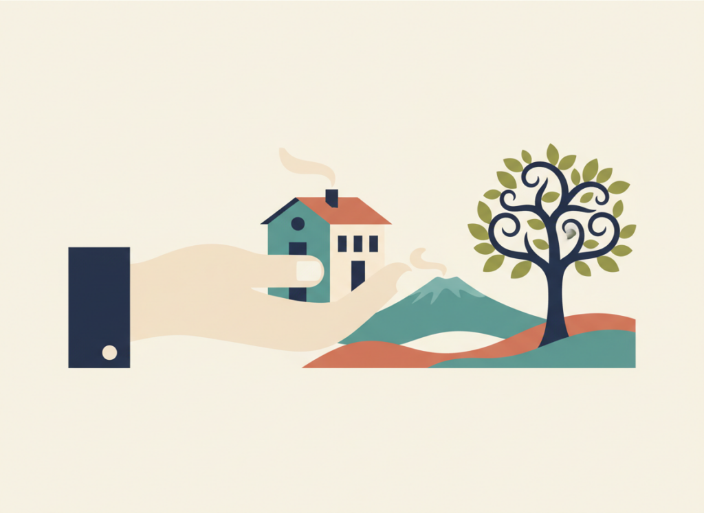 Illustrazione piatta di una piccola azienda passata da una mano grande a una più piccola, con un albero genealogico, a rappresentare il patto di famiglia