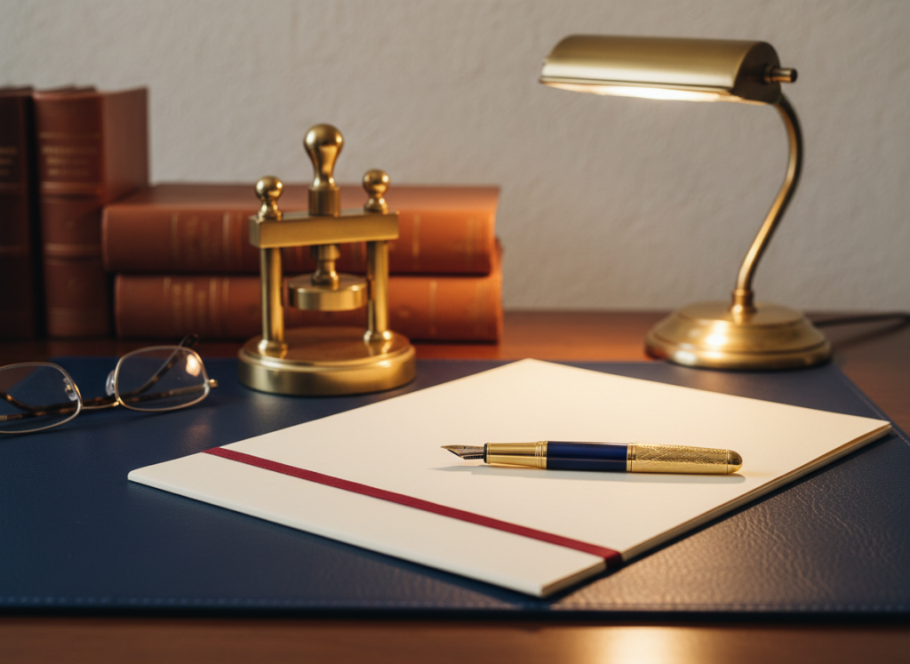 Scrivania di un notaio: penna stilografica appoggiata su un atto, sigillo a secco e occhiali da lettura