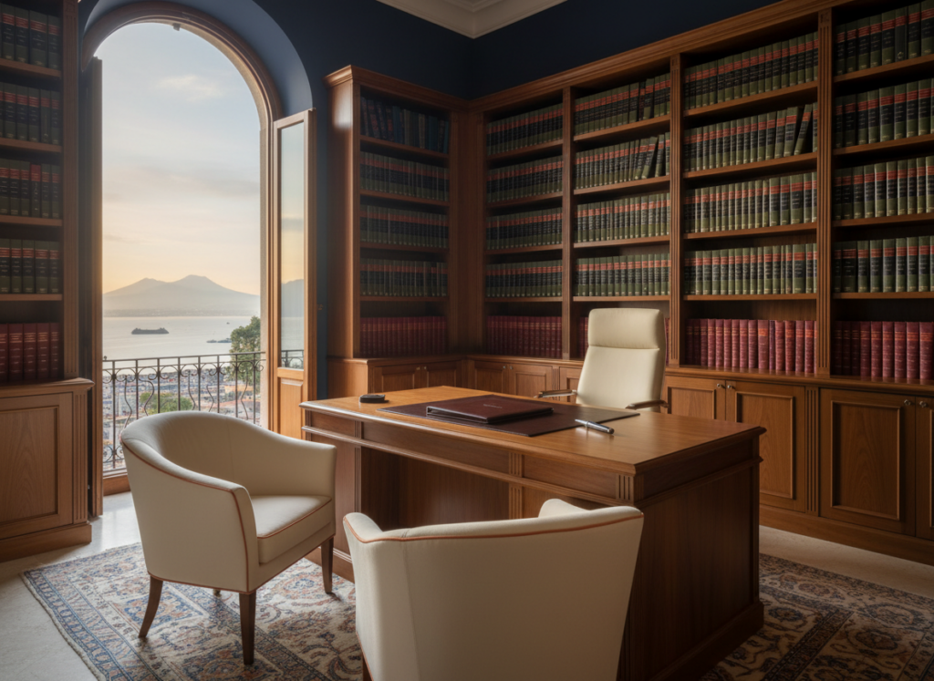 Interno di uno studio notarile a Napoli: scrivania in noce, due sedie per i clienti e finestra con vista sul Golfo