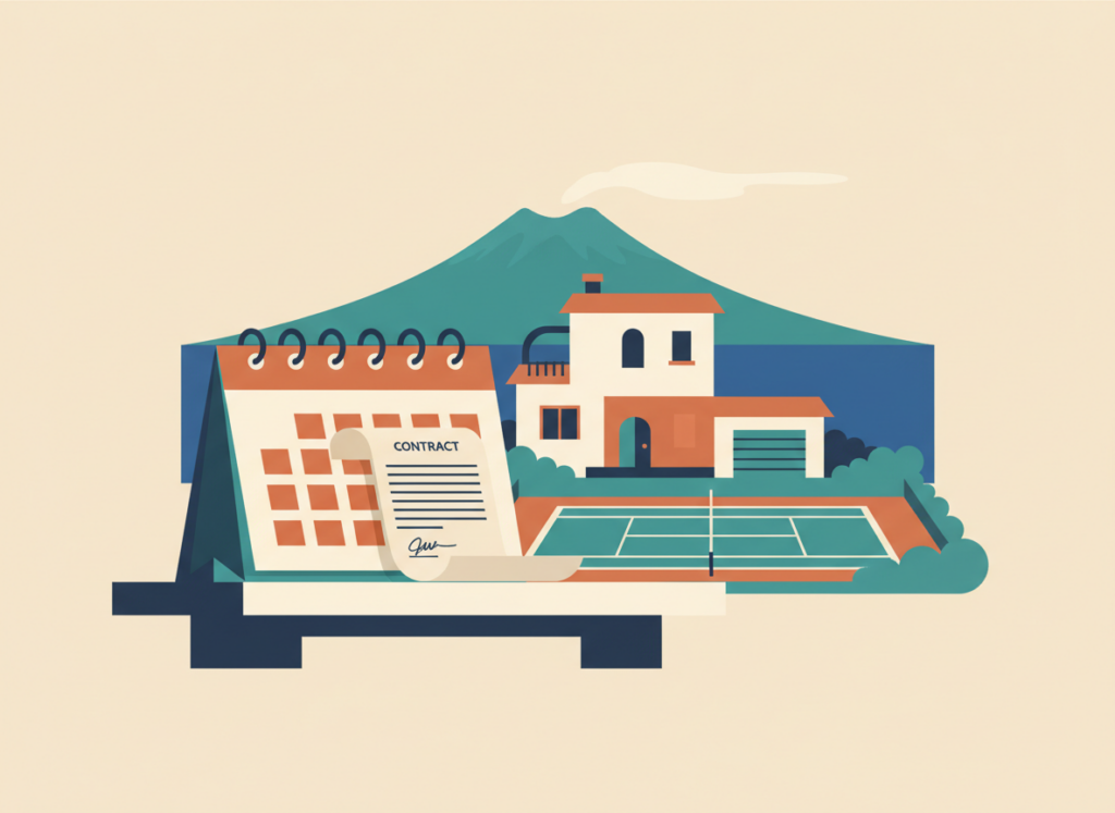 Illustrazione piatta di una villa con box e campo da tennis, un calendario e un contratto, con il Golfo di Napoli sullo sfondo: la plusvalenza e i cinque anni