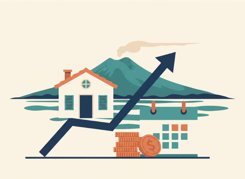 Illustrazione piatta di una casa su un grafico in crescita con calendario e monete, a rappresentare la plusvalenza immobiliare