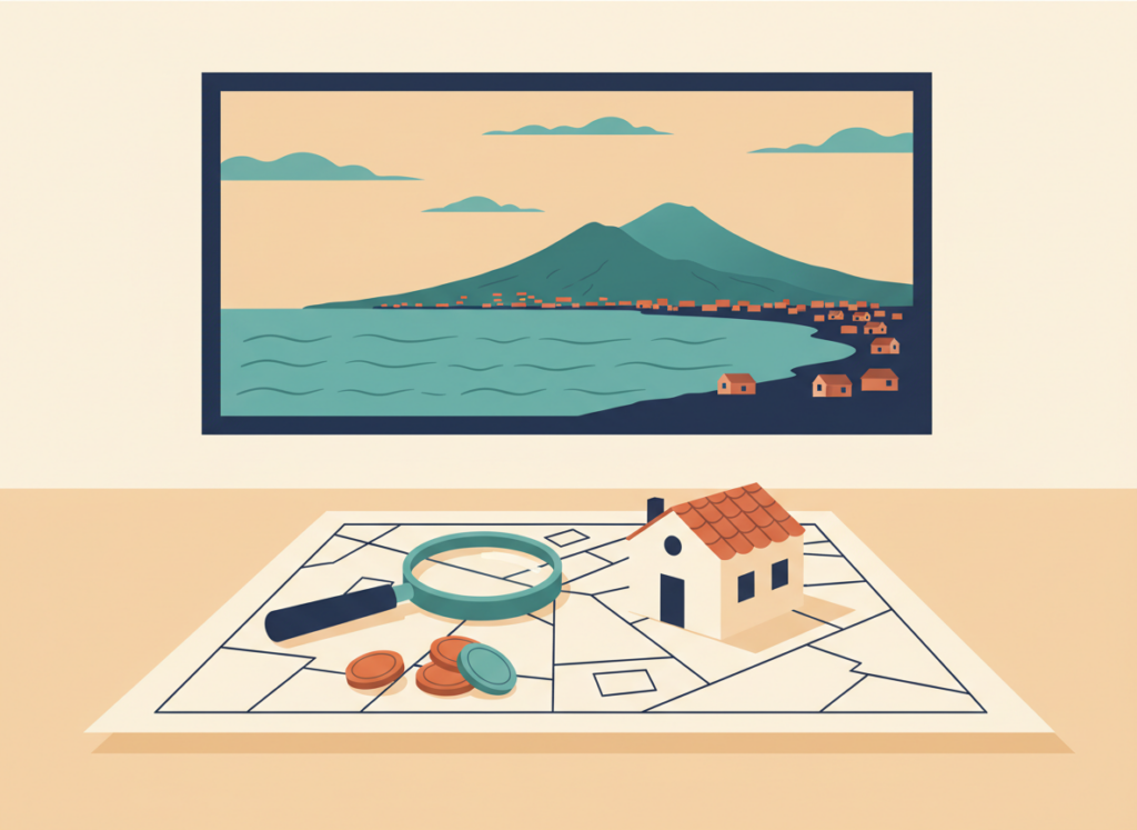 Illustrazione piatta di una mappa catastale con una piccola casa, lente d'ingrandimento e monete, a rappresentare il calcolo delle imposte sul valore catastale