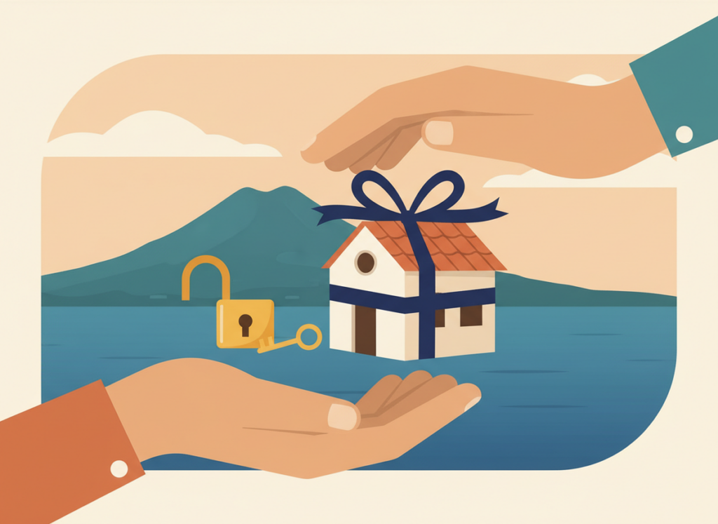 Illustrazione piatta di una casa con un nastro regalo passata da una mano a un'altra, con un lucchetto aperto e il Golfo di Napoli sullo sfondo, a rappresentare la provenienza donativa